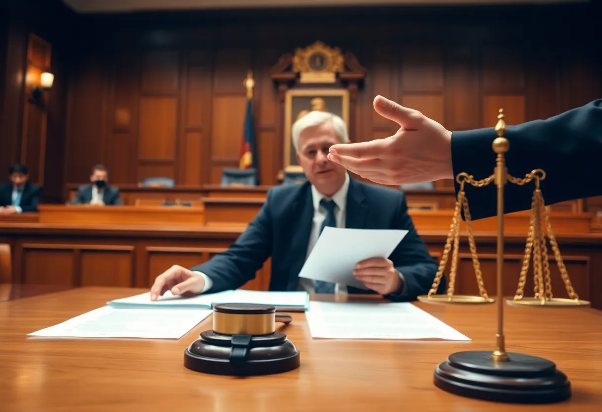 A lawyer presenting a case in a courtroom, emphasizing support for victims.