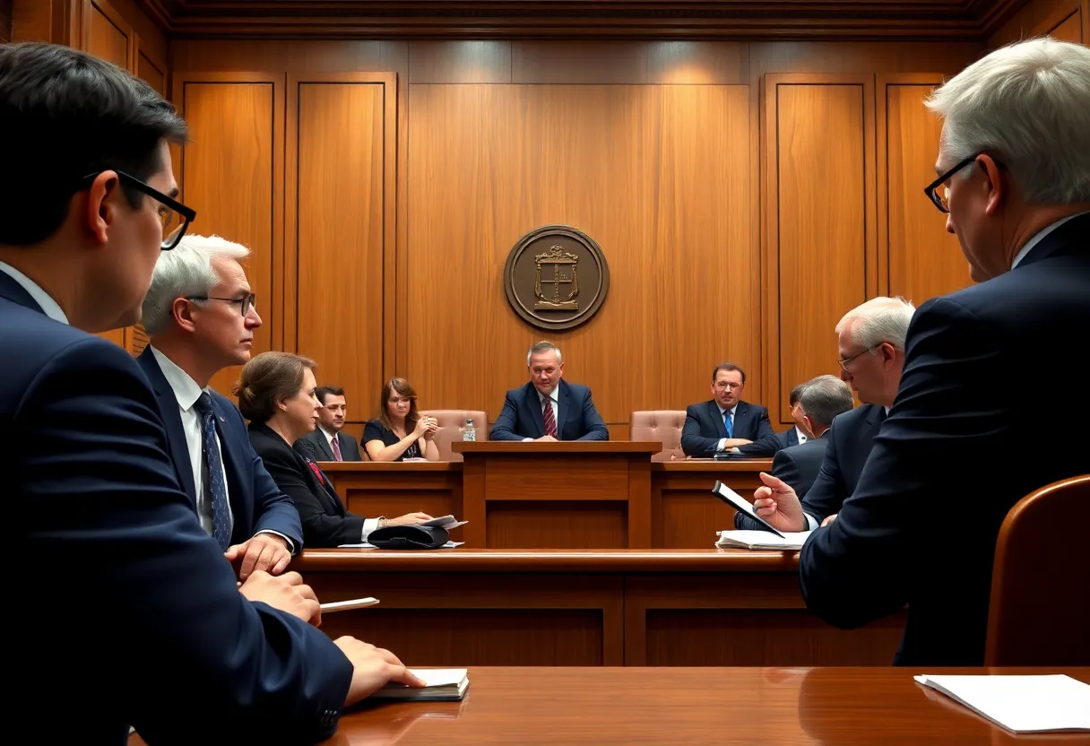 A view of a courtroom during a hearing