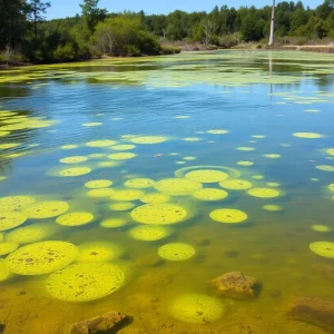 View of a lake showing cyanobacteria blooms, characterized by green algae growth.