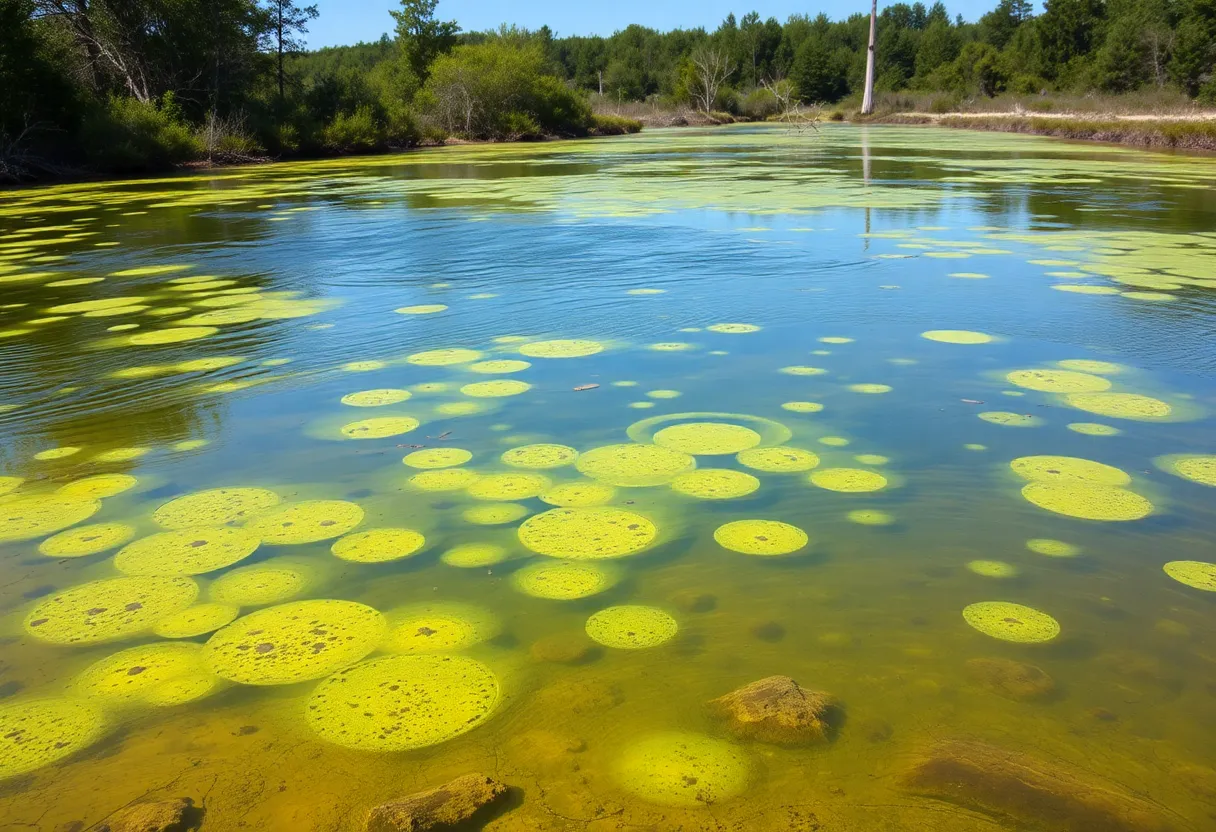 View of a lake showing cyanobacteria blooms, characterized by green algae growth.