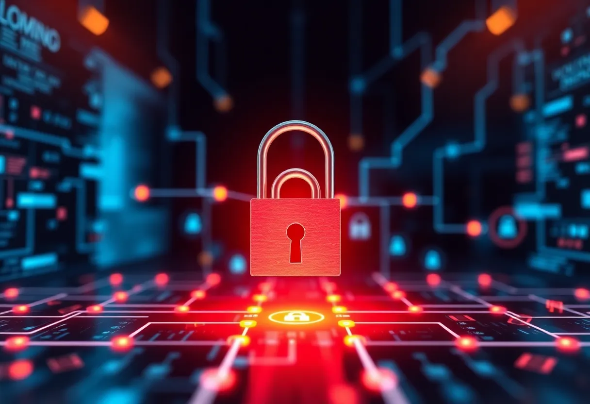 Visual representation of a cybersecurity breach with padlocks and digital networks