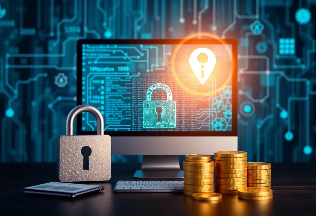Digital cybersecurity imagery with a lock and financial symbols