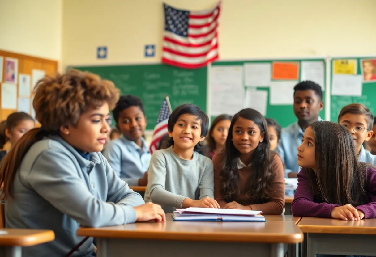 Students in a diverse classroom discussing patriotism