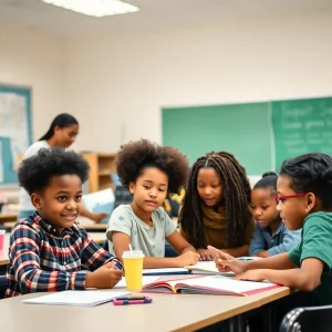 A diverse classroom with teachers and students interacting.