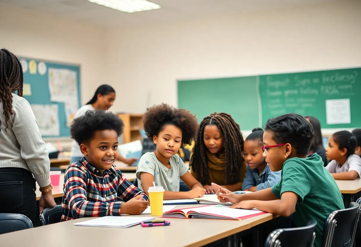 A diverse classroom with teachers and students interacting.
