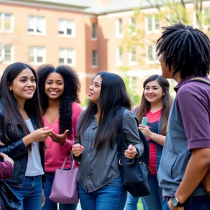 A group of college students of different ethnicities discussing on campus.