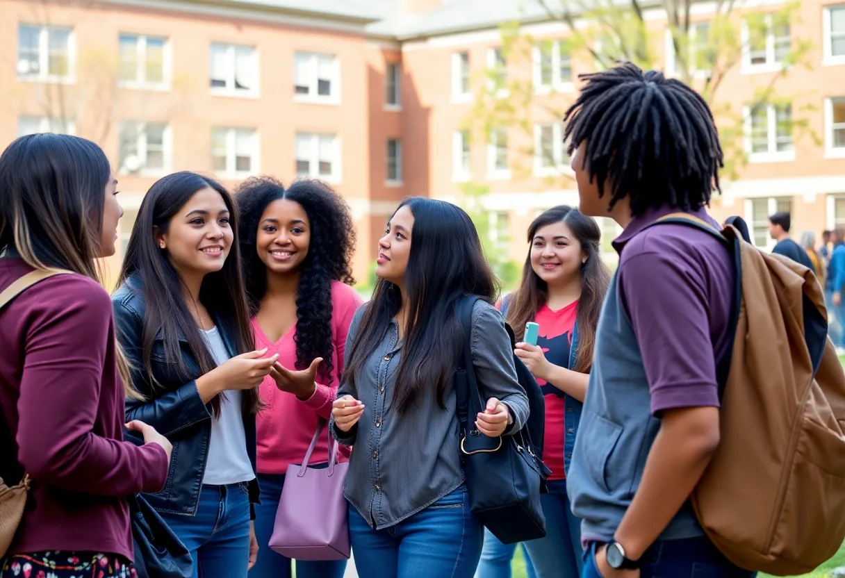 A group of college students of different ethnicities discussing on campus.