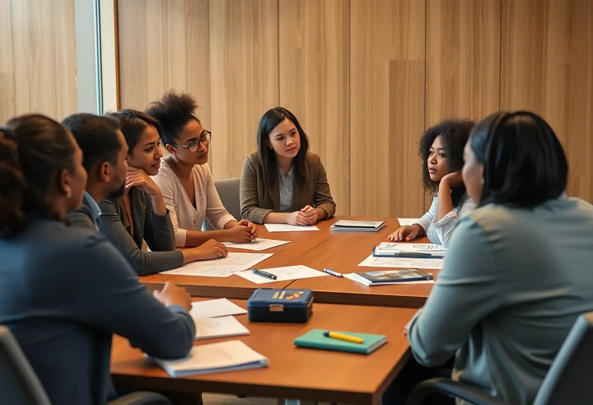 A diverse group discussing strategies for improving education outcomes for foster youth.