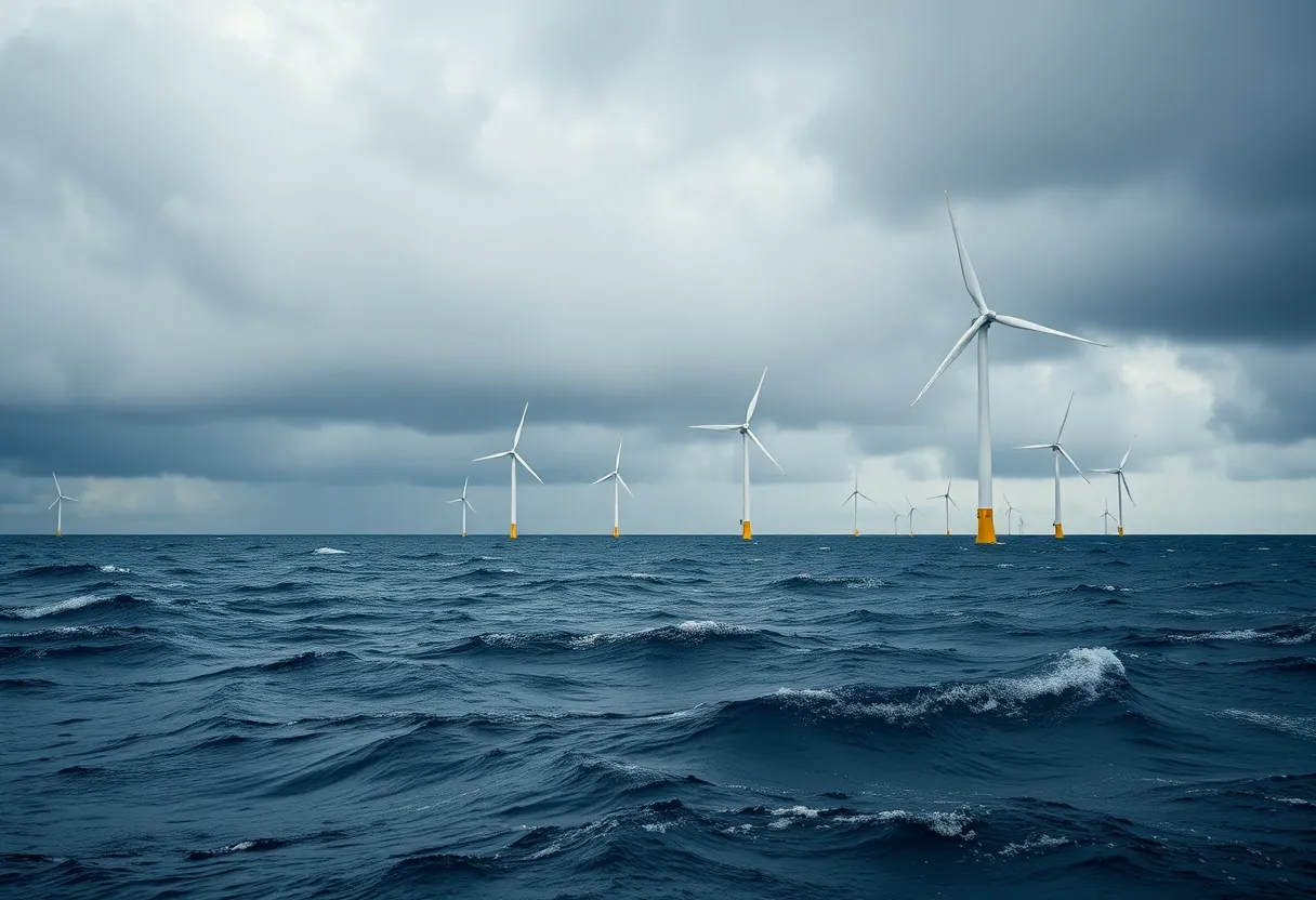 Offshore wind turbines in stormy weather representing halted construction.