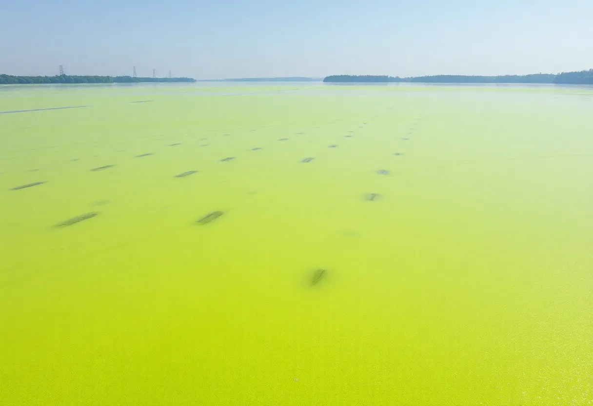 View of Cranston Reservoir with visible harmful algae blooms on the surface