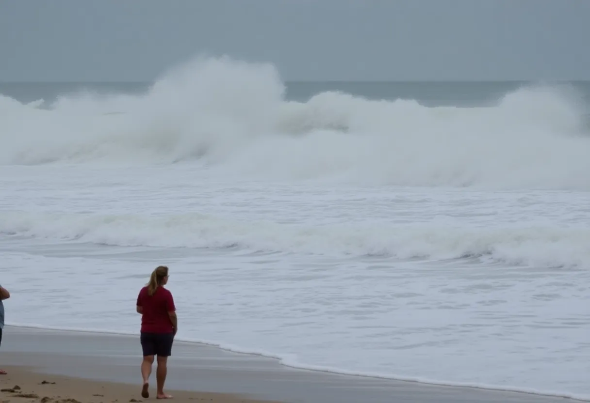 High waves crashing on the coastline during Hurricane Erin