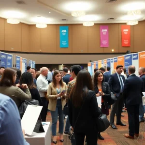 Attendees networking at a job fair in a theater setting