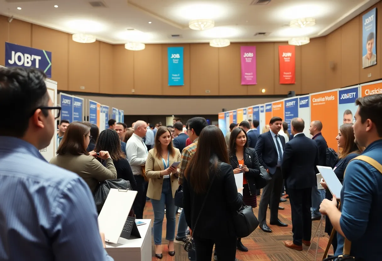 Attendees networking at a job fair in a theater setting