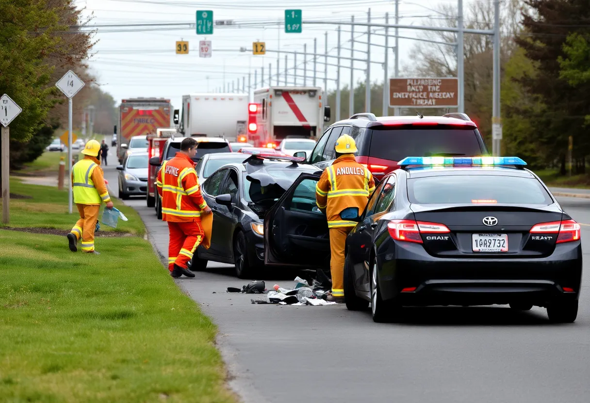 Multi-car crash scene with emergency responders and damaged vehicles