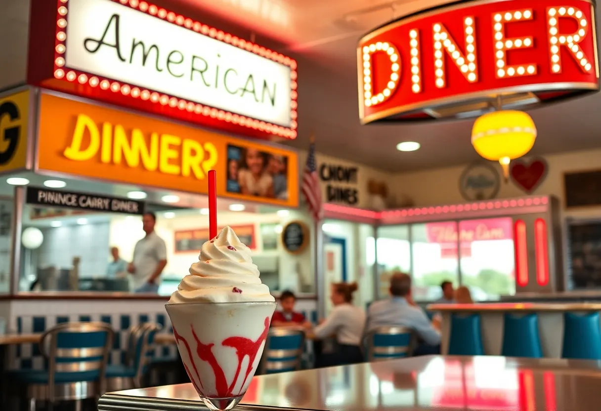 Exterior view of Newport Creamery diner with people enjoying ice cream.