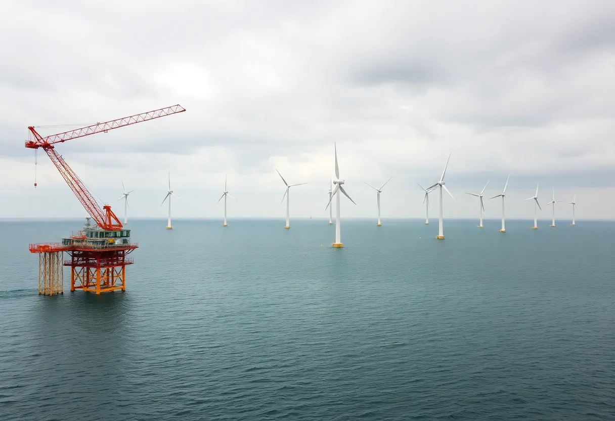 Offshore wind farm with partially installed turbines under cloudy skies
