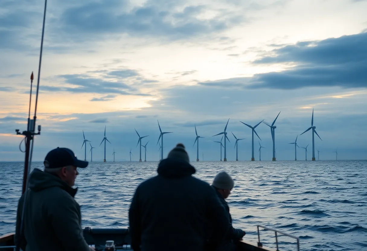 Offshore wind turbines in Rhode Island waters with fishermen in the foreground.