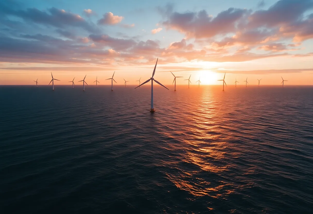 Offshore wind turbines standing tall in the ocean during sunset.