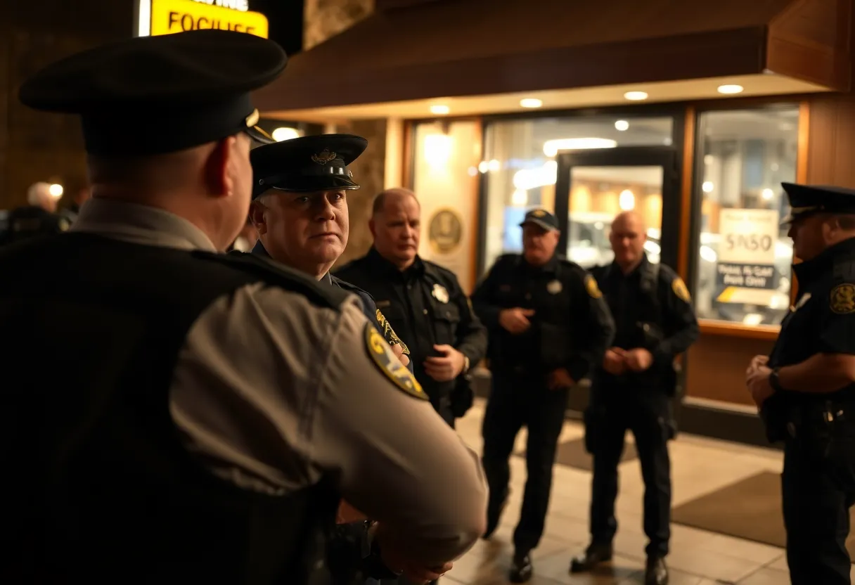 Police officers discussing an incident outside a restaurant