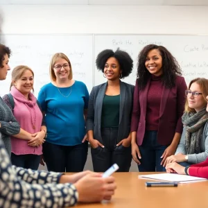 Group of diverse educators collaborating in a classroom