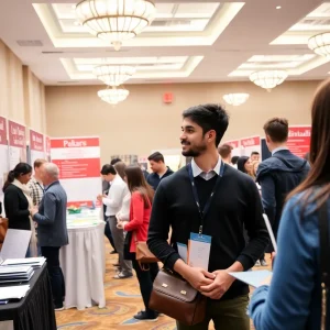 Students engaging at the Providence Law Fair with law school representatives