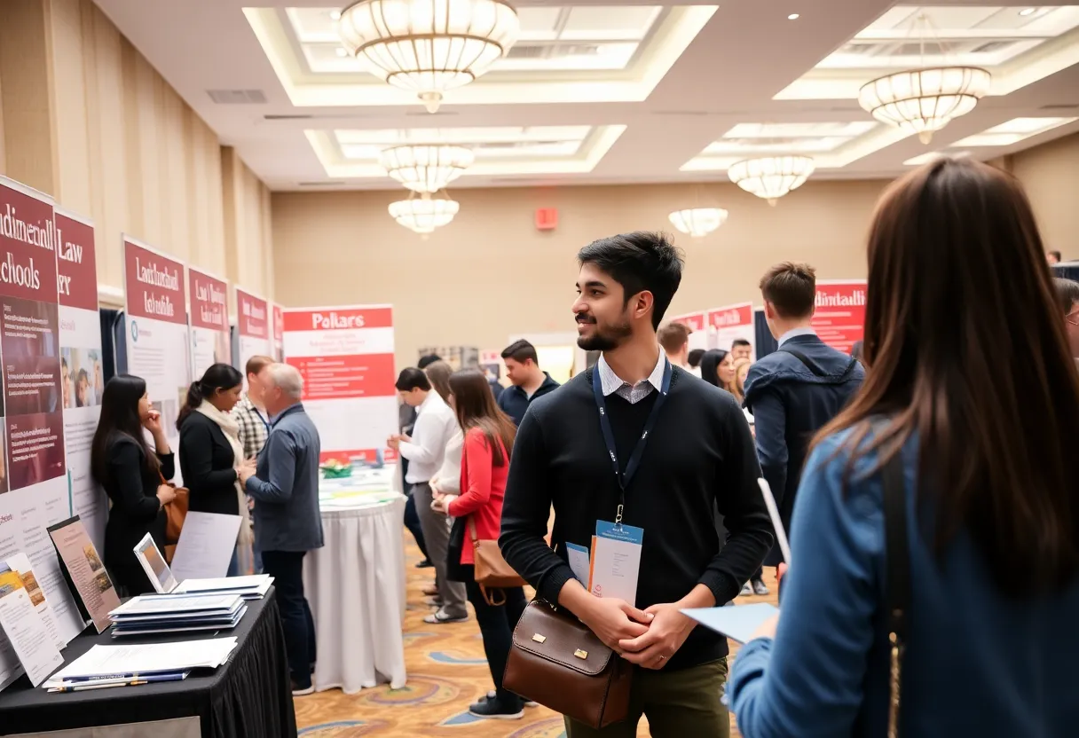 Students engaging at the Providence Law Fair with law school representatives