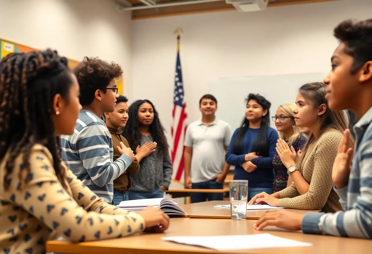 Students discussing the Pledge of Allegiance in a classroom