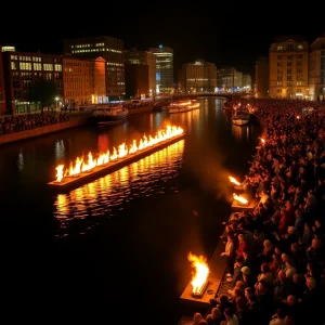 Glowing braziers illuminate the rivers during WaterFire in Providence.
