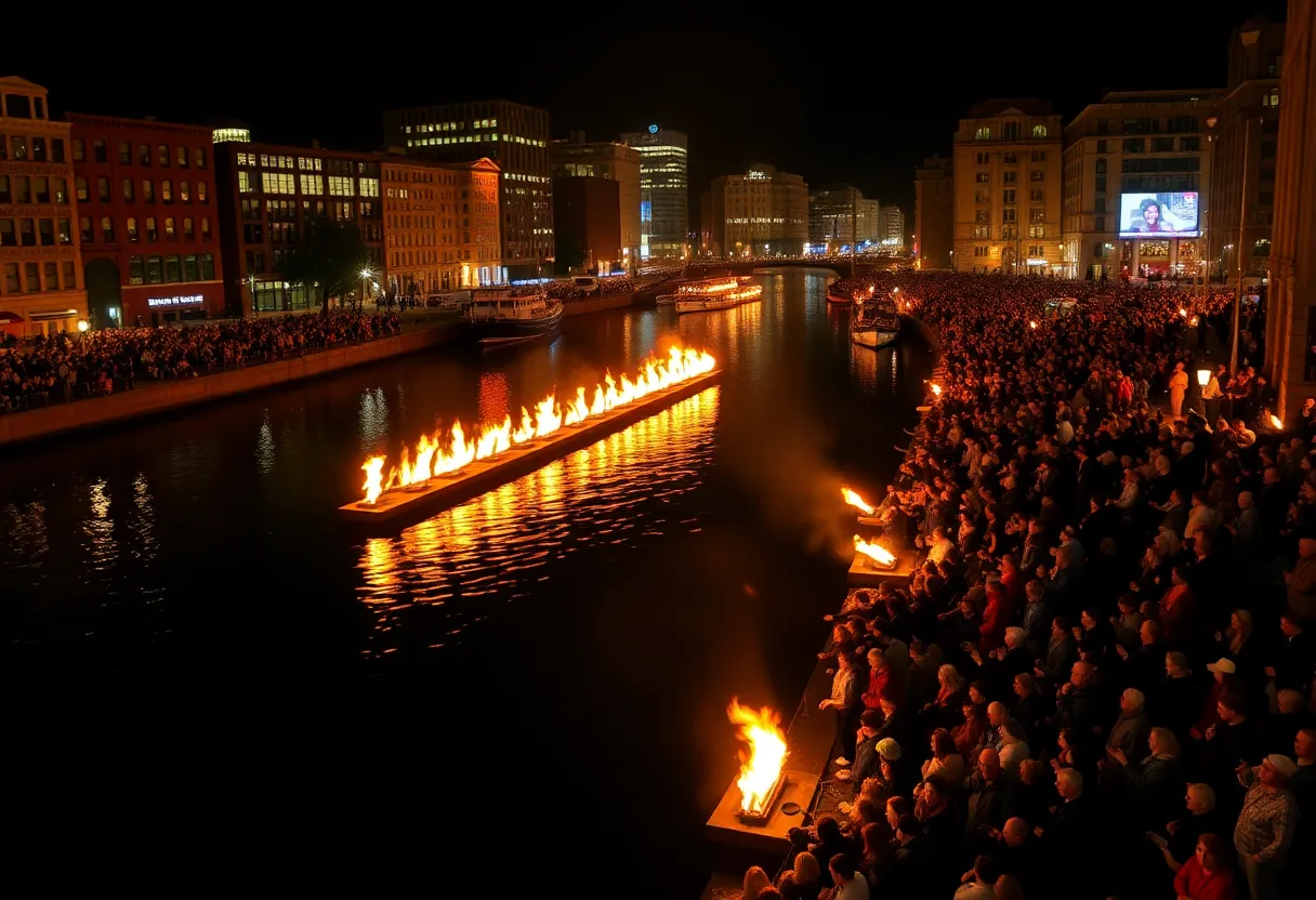 Glowing braziers illuminate the rivers during WaterFire in Providence.