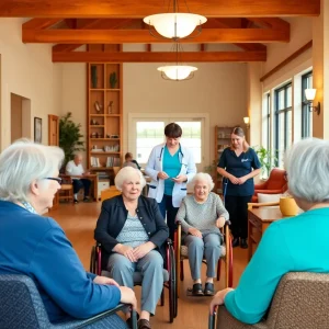 Renovated assisted living facility with residents and caregivers