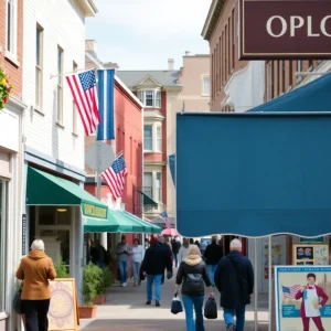 View of a busy business district in Rhode Island with local shops and people.