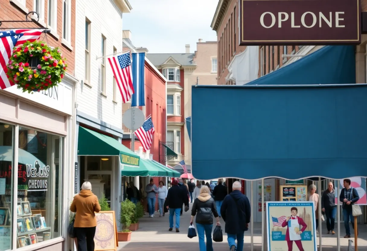 View of a busy business district in Rhode Island with local shops and people.