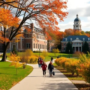 Autumn view of a college campus with students walking
