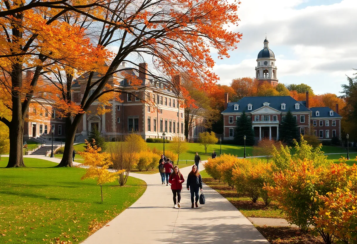 Autumn view of a college campus with students walking