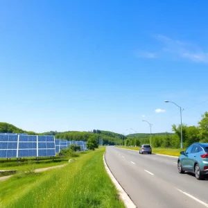 Scenic view of solar panels and electric vehicles in Rhode Island