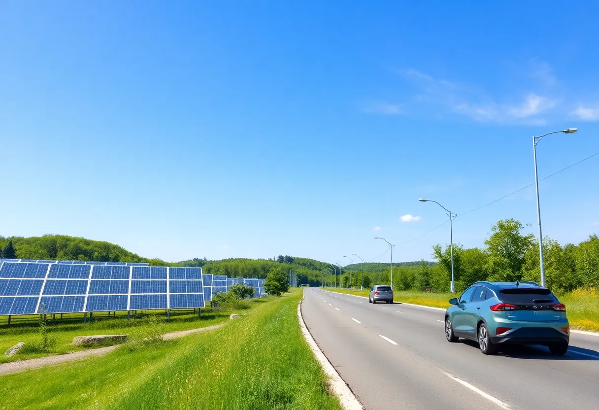 Scenic view of solar panels and electric vehicles in Rhode Island