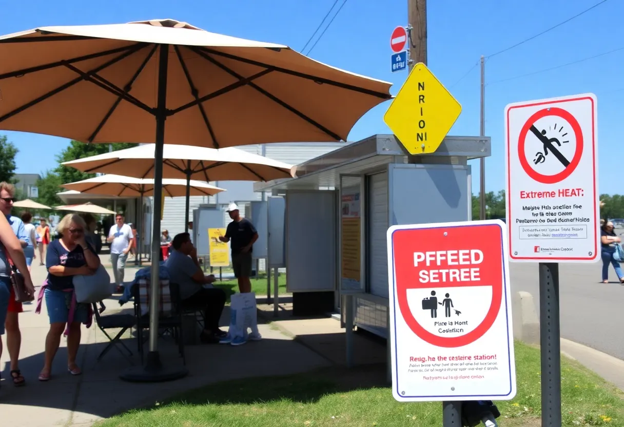 A summer day in Rhode Island with signs about heat advisory and people staying cool.