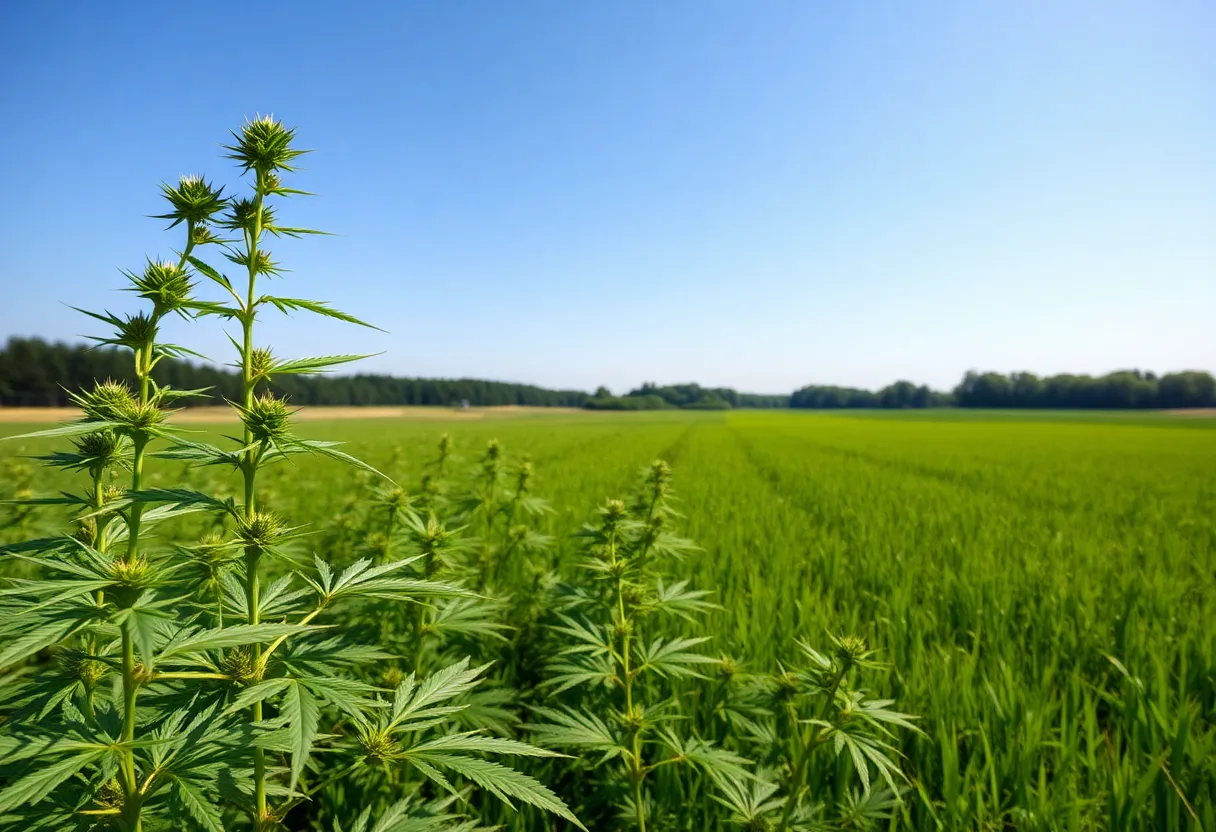 A hemp farm in Rhode Island with green fields and blue skies
