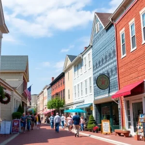 A bustling Main Street in Rhode Island featuring shops and community events.