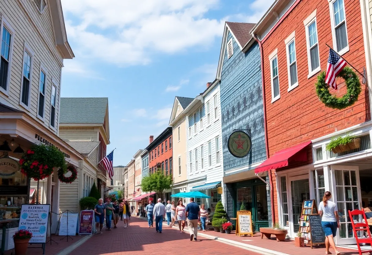 A bustling Main Street in Rhode Island featuring shops and community events.