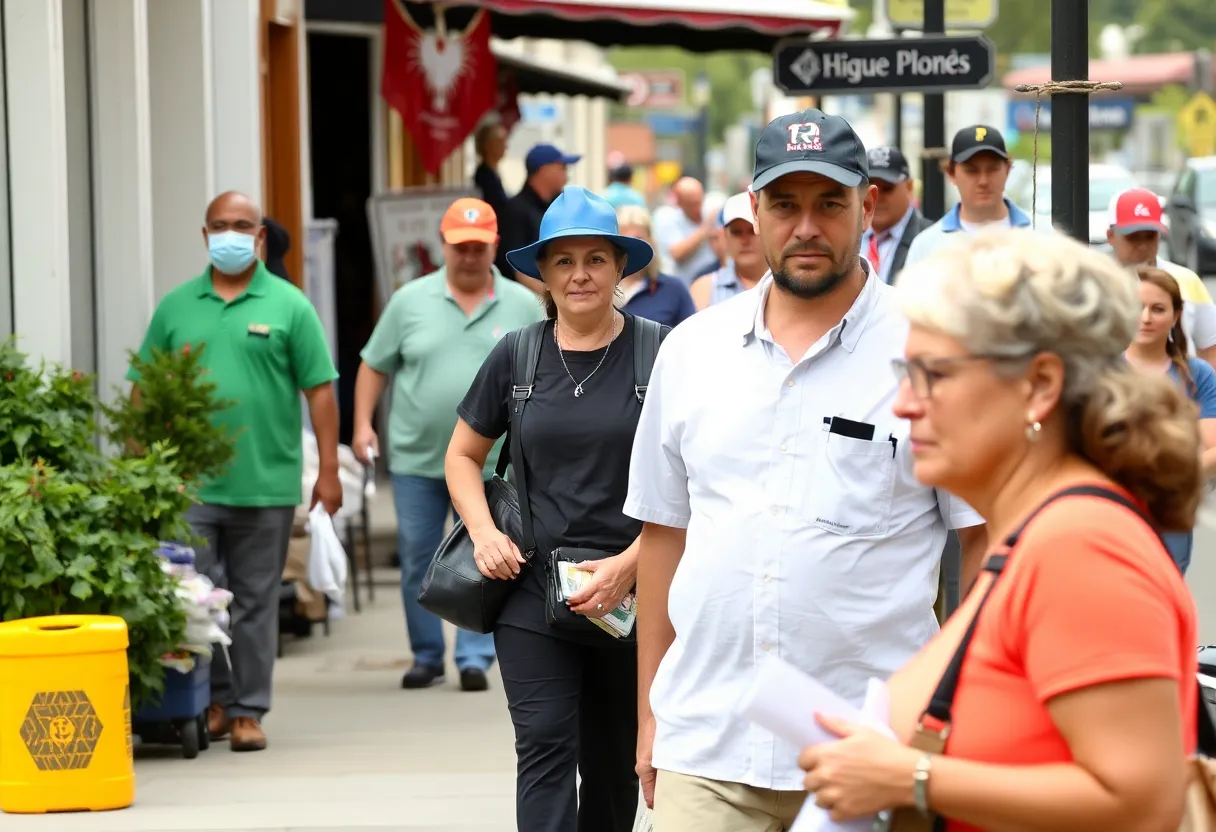 Crowd of workers on a Rhode Island street depicting economic activity.