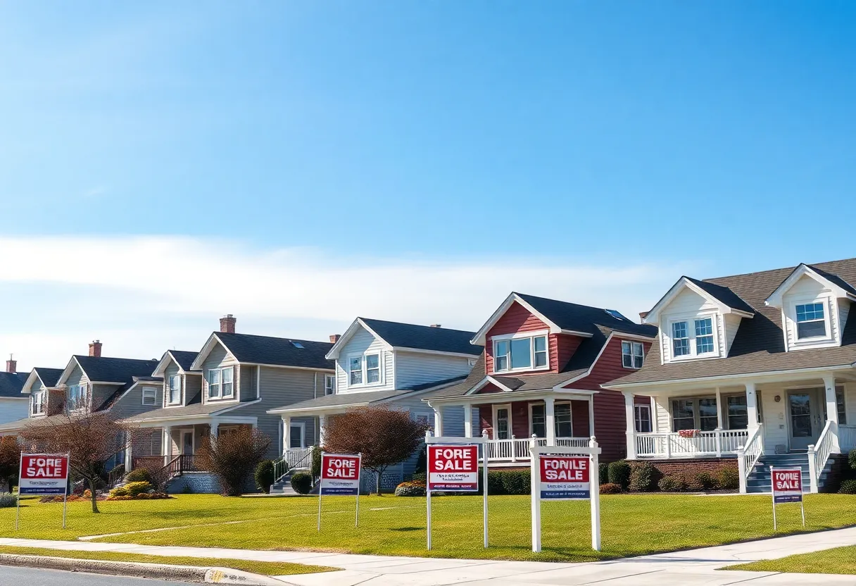 A scenic Rhode Island neighborhood with single-family homes and 'For Sale' signs.