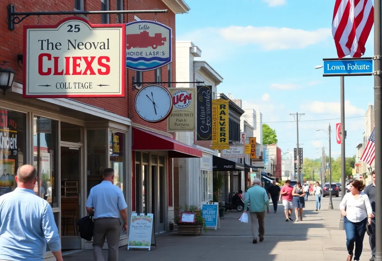 A bustling street in Rhode Island showcasing local businesses
