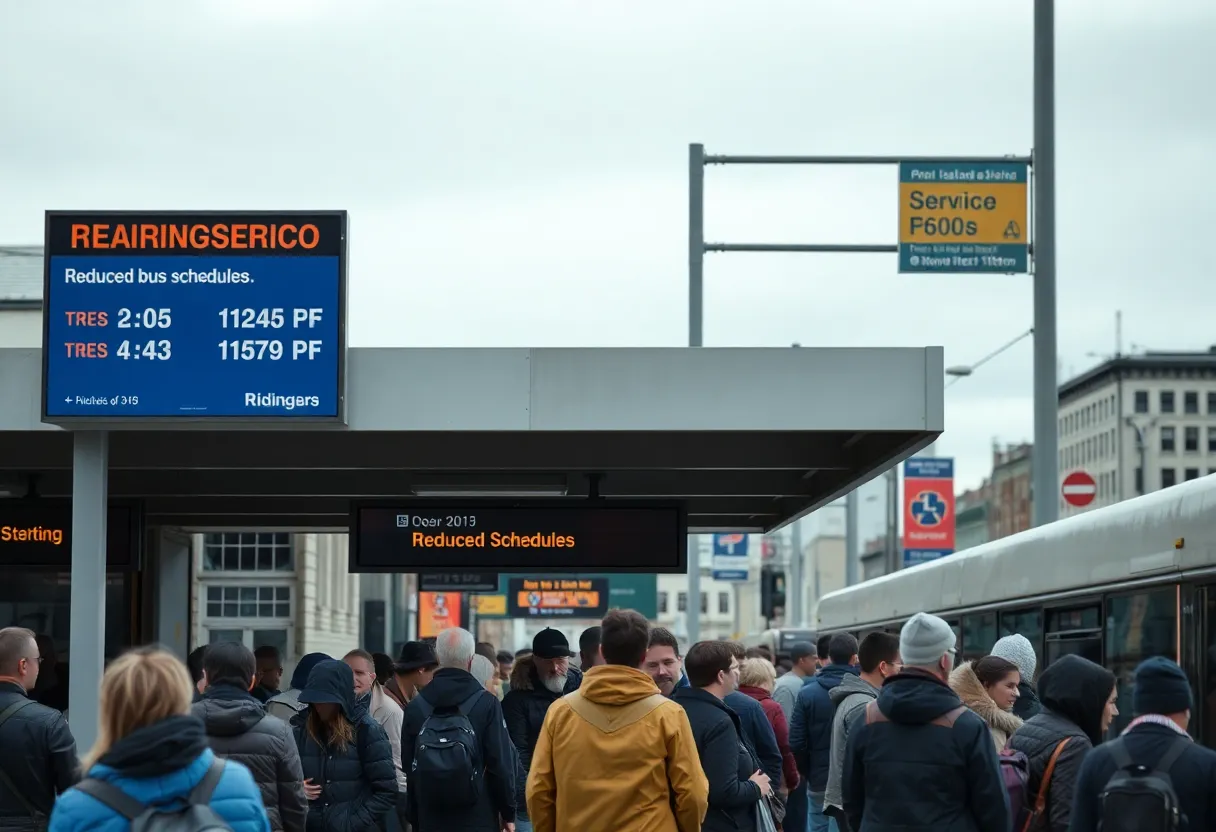 An urban bus station in Rhode Island showing reduced public transit service signs.