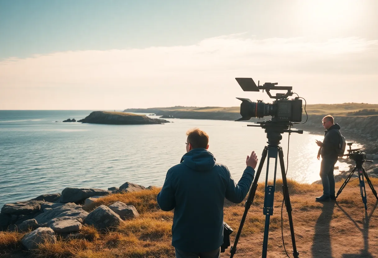 Coastal landscape in Rhode Island with film production elements