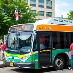 Public transit bus at a stop in Providence, Rhode Island