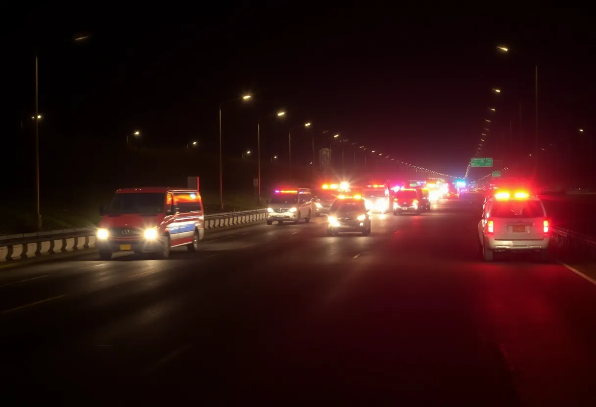 Emergency services responding to a three-car crash on a highway