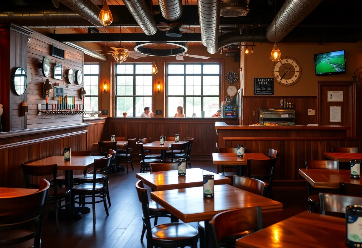 Interior view of Trinity Brewhouse featuring wooden decor and craft beer taps