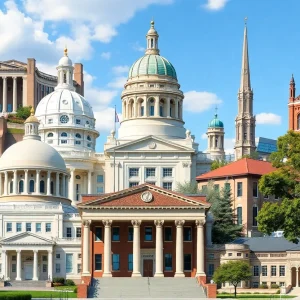 Collage of university buildings representing academic institutions related to funding and civil rights issues.