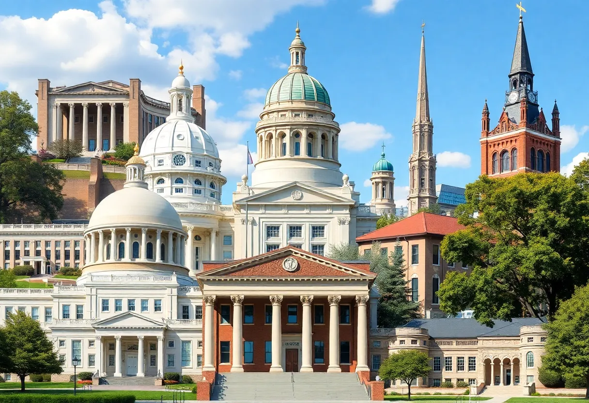 Collage of university buildings representing academic institutions related to funding and civil rights issues.